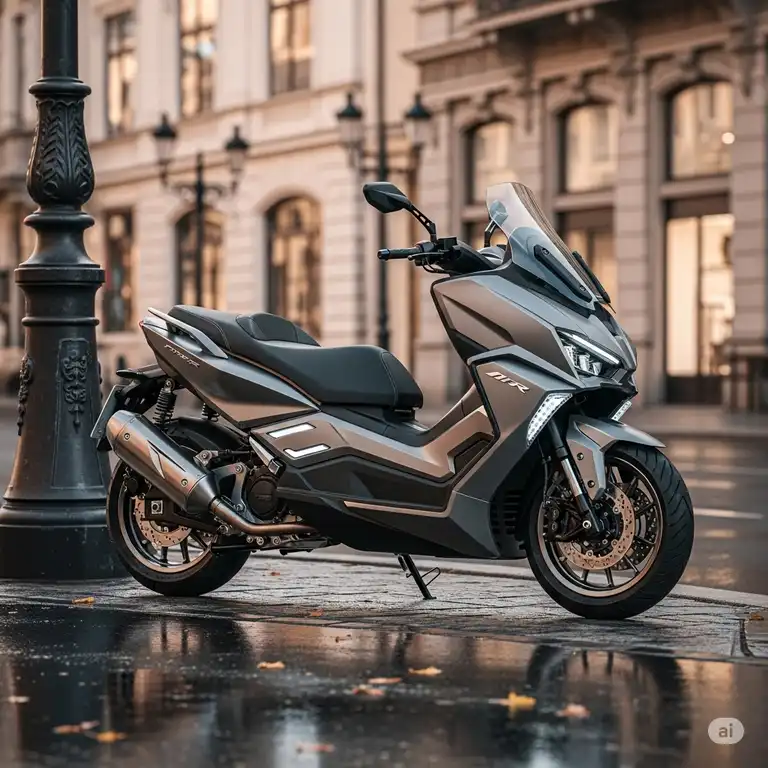 A sleek, powerful scooter that looks like a motorbike, parked on a city street, combining the convenience of a scooter with the style and aesthetics of a larger motorcycle.