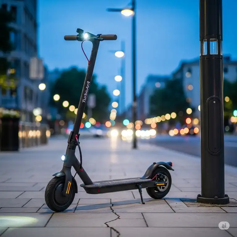 A sleek, black turboant scooter parked on a city sidewalk, ready for a commute.
