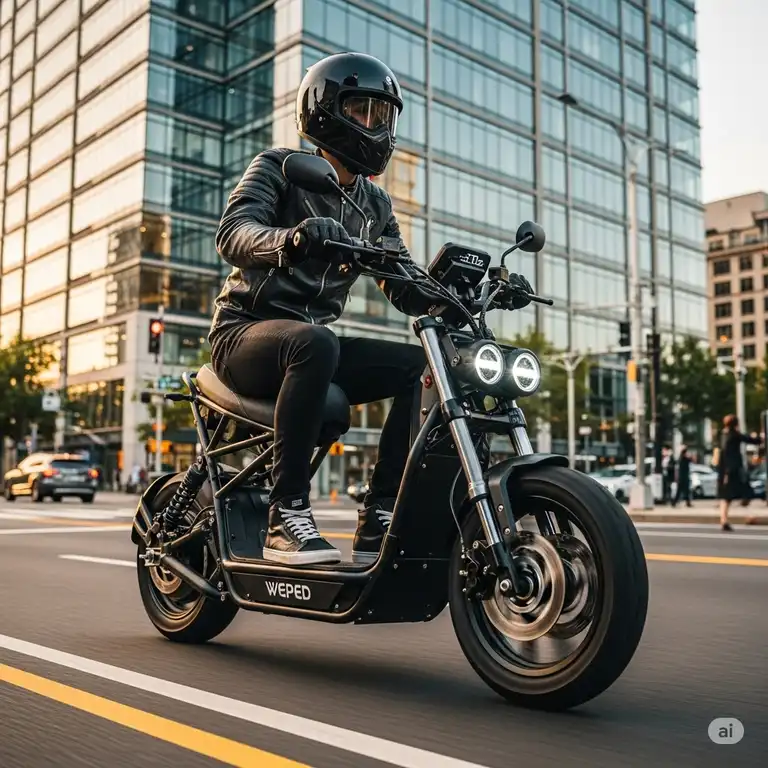 A person confidently rides a high-performance weped scooter on a city street, showcasing its powerful design and stylish features.