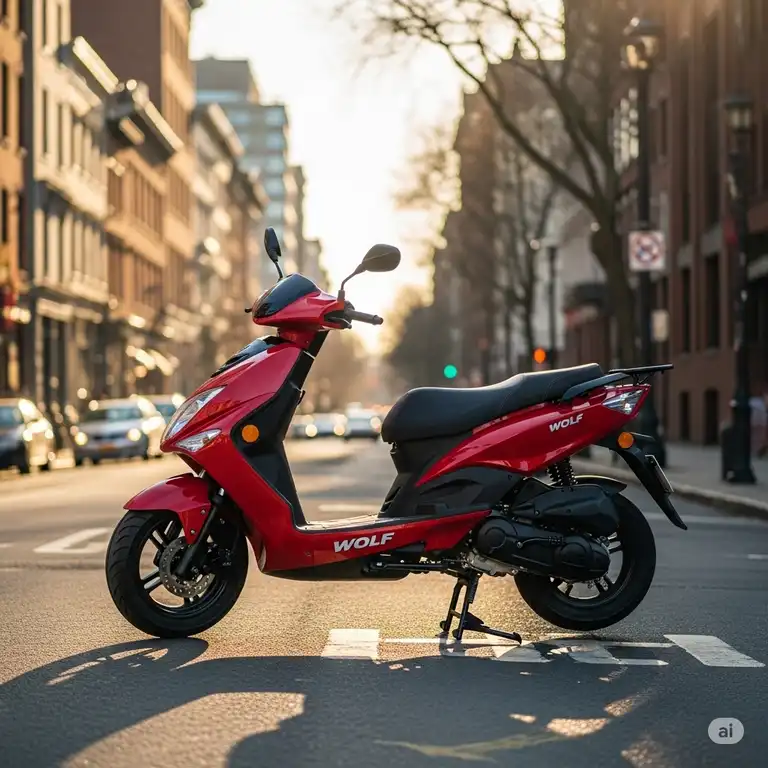 A sleek, red wolf scooter parked on an urban street