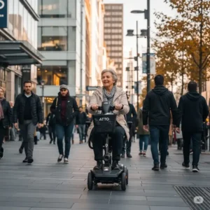 An atto scooter is ridden on a city sidewalk, highlighting its portability and ease of use for urban travel.