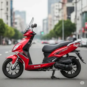 A side profile view of the Benelli 125cc scooter in a vibrant red color, showcasing its sporty design and compact frame ideal for urban commuting.