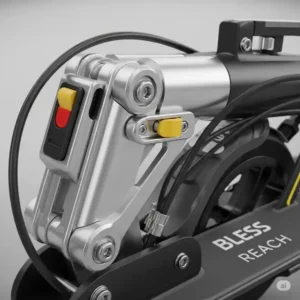 A close-up view of the bless reach scooter's quick-folding mechanism, highlighting its portability and ease of storage.