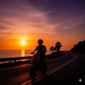 A silhouette of a man drive scooter along a coastal road during sunset, with a vibrant orange and purple sky in the background.