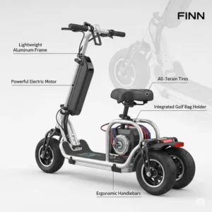 A detailed illustration highlighting the key features of the finn golf scooter, including its lightweight frame, powerful electric motor, and all-terrain tires.