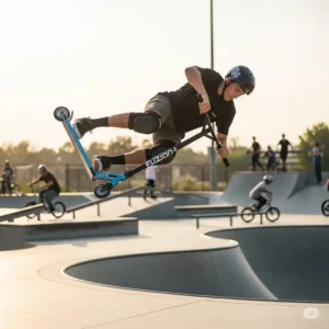 A professional rider performs a tailwhip on a fuzion scooter at a skate park, showcasing the scooter's stunt capabilities.