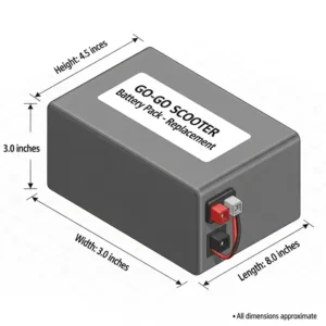 A diagram illustrating the dimensions of a replacement go go scooter battery pack, including height, width, and length.