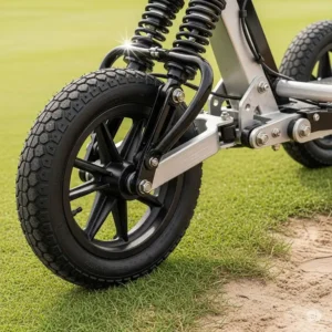 The wheels and suspension system of a golf trolley scooter are shown in a detailed shot.