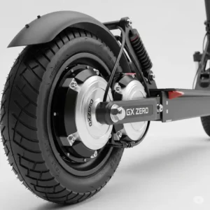 A close-up of the gx zero dual motor electric scooter's motor system and robust wheels, highlighting its powerful performance.