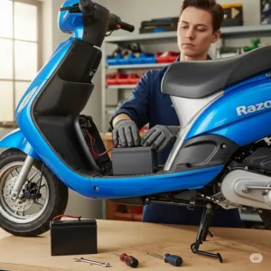 A person demonstrating how to safely remove and replace a razor motor scooter battery in the scooter's compartment.