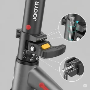 A close-up illustration of the Joyor scooter's quick-folding mechanism, highlighting its easy-to-use latch for convenient storage and transport.