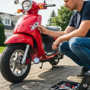 A person performing maintenance on a buddy scooter, checking the tire pressure and tightening a loose bolt.