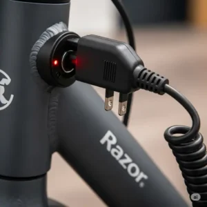 A close-up of the razor electric scooter charger plug connecting to the charging port.