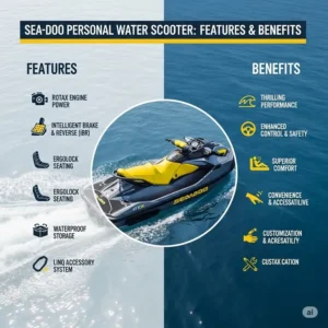 An infographic showing the key features and benefits of a sea doo personal water scooter.