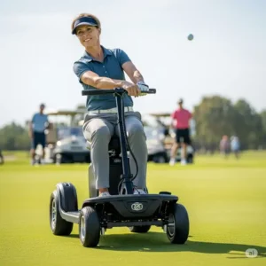 A close-up shot of a golfer using a single-rider golf scooter, highlighting its ease of use and stability on the green.
