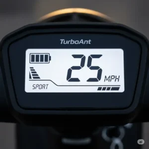 A detailed view of the turboant scooter's LCD dashboard showing speed, battery life, and ride mode.