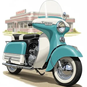 An illustration of a vintage Cushman motor scooter Eagle, highlighting its distinctive handlebar fairing and streamlined body.