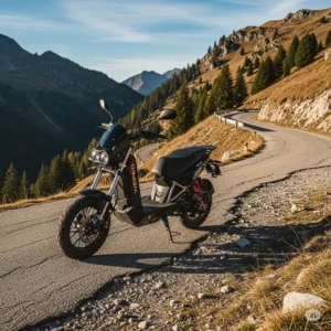  A powerful weped scooter parked on a winding mountain road, highlighting its durability and ability to handle diverse terrain.