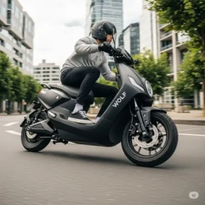 A dynamic shot of a person riding a black electric wolf scooter