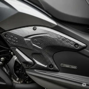 A detailed look at the protective carbon armor scooter panel.