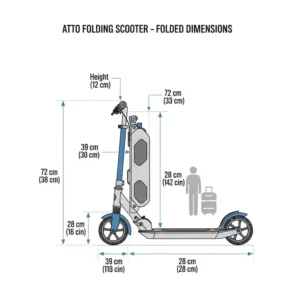A technical diagram illustrates the compact dimensions of the atto scooter when fully folded, perfect for storage.