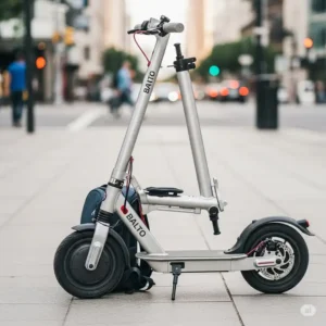 A Glion balto scooter for sale nationwide in its folded, compact position, showcasing its portability and ease of storage.