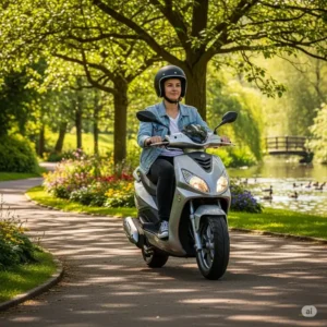 A person wearing a helmet and casual clothes riding a silver Benelli scooter through a scenic park, demonstrating its easy maneuverability and comfortable riding position.