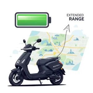 An illustration showing the long-lasting battery life of the bless reach scooter, with a graphic of a full battery icon and an extended range indicator.