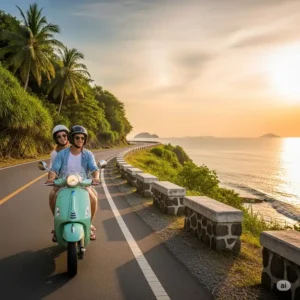 A young couple riding a buddy scooter, exploring a scenic coastal road during a vacation.