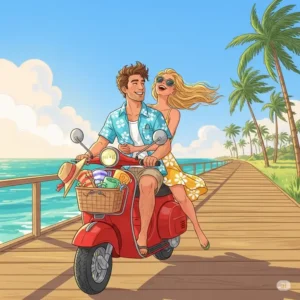 An illustration depicting a happy couple riding a beach scooter along a scenic boardwalk. This image emphasizes the fun and romantic aspects of using a scooter for two.