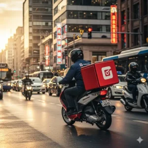 A scooter delivery driver in a uniform, drive scooter with a large insulated bag on the back, navigating city traffic to deliver a package.