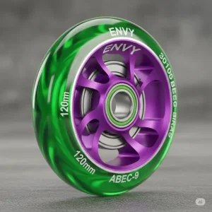A vibrant image of an envy scooter wheel with ABEC-9 bearings, showcasing its durable polyurethane material.