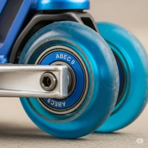Close-up of fuzion scooter's high-performance polyurethane wheels with ABEC 9 bearings, designed for a smooth and fast ride.