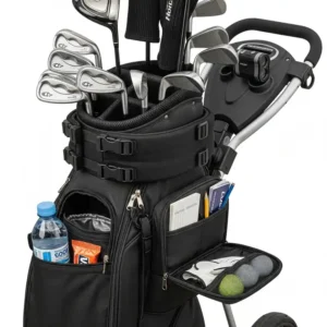 The bag holder and storage compartments on a golf trolley scooter are viewed up close.