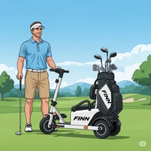An illustration of a golfer standing next to the finn golf scooter, with a full set of clubs in the integrated bag holder, ready to play.
