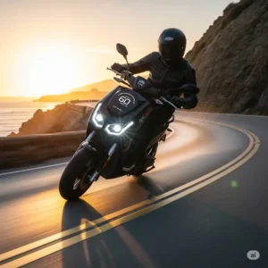 A person riding the gx zero dual motor electric scooter at speed, demonstrating its agile handling and quick acceleration.