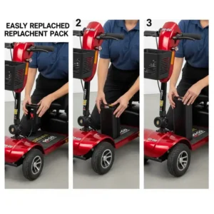 A step-by-step image showing a person easily replacing the go go scooter battery with a new battery pack.