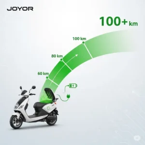 A graphic representation of the Joyor scooter's long-lasting battery, with a visual indicator showing its impressive range on a single charge.