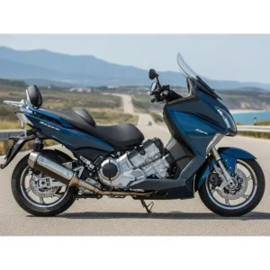 Side view of a maxi-scooter that looks like a motorbike, showcasing its large engine, ergonomic seat, and resemblance to a touring motorcycle.