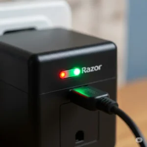 The LED light on a razor electric scooter charger changes from red to green when it is fully charged.