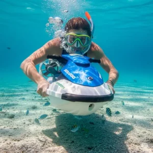 A close-up shot of a sea doo scooter being used for snorkeling in clear tropical water.
