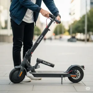 A person easily folding a turboant scooter using its simple one-step folding mechanism.
