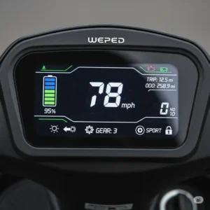 A close-up view of a weped scooter's vibrant digital display, showing speed, battery life, and other essential rider information.