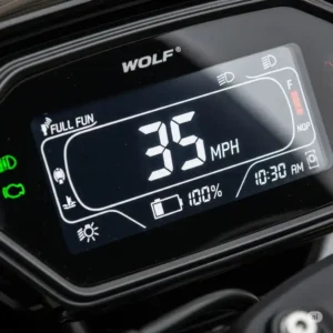 Close-up details of the wolf scooter’s display, showing its speed and battery life