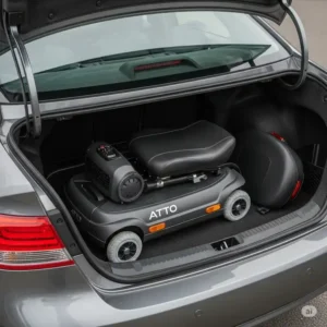 An atto scooter is shown stored neatly in the trunk of a standard car, demonstrating its travel-friendly design.