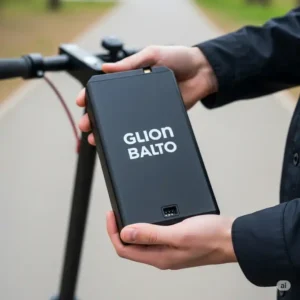 A person holding the swappable battery of a Glion balto scooter for sale nationwide, emphasizing convenience.