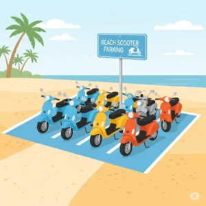 A simple drawing showing a designated parking area for beach scooters, helping to explain the logistics of using these vehicles in beach towns.