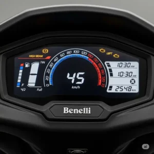 A clear, detailed view of the digital dashboard of a Benelli scooter, displaying the speedometer, fuel gauge, and other essential information for the rider.