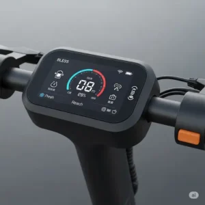 The digital handlebar display of a bless reach scooter, showing speed, battery level, and current ride mode.