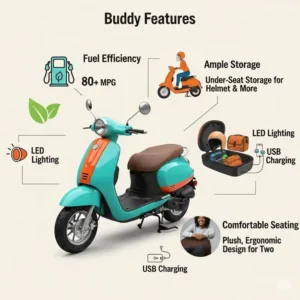An infographic highlighting the key features of a modern buddy scooter, including its fuel efficiency, storage space, and comfortable seating.